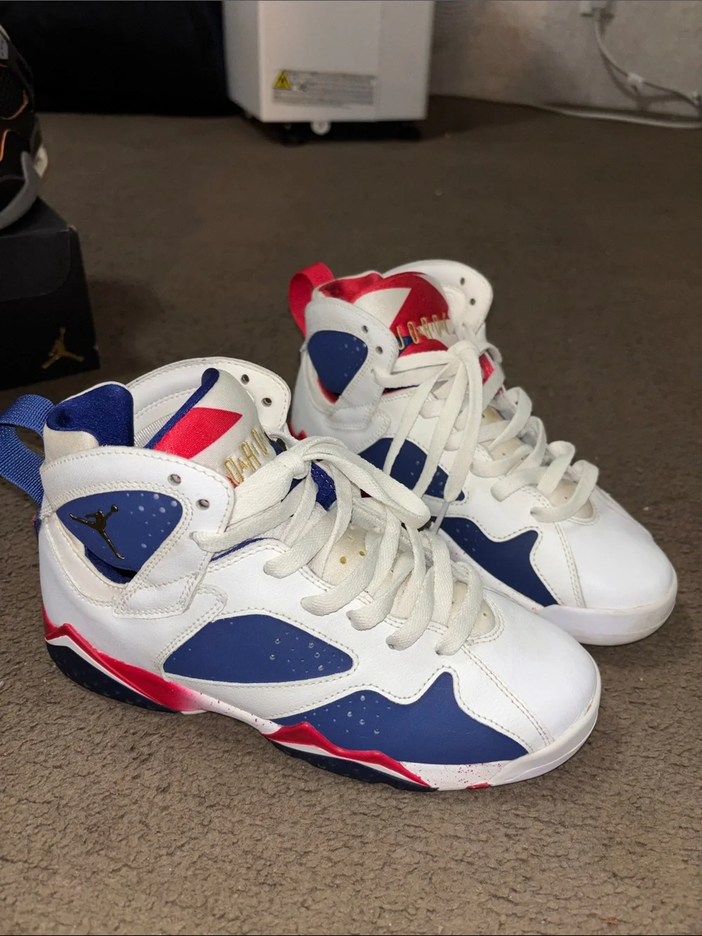 Jordan Kids High-Top Sneakers in White, Blue & Red